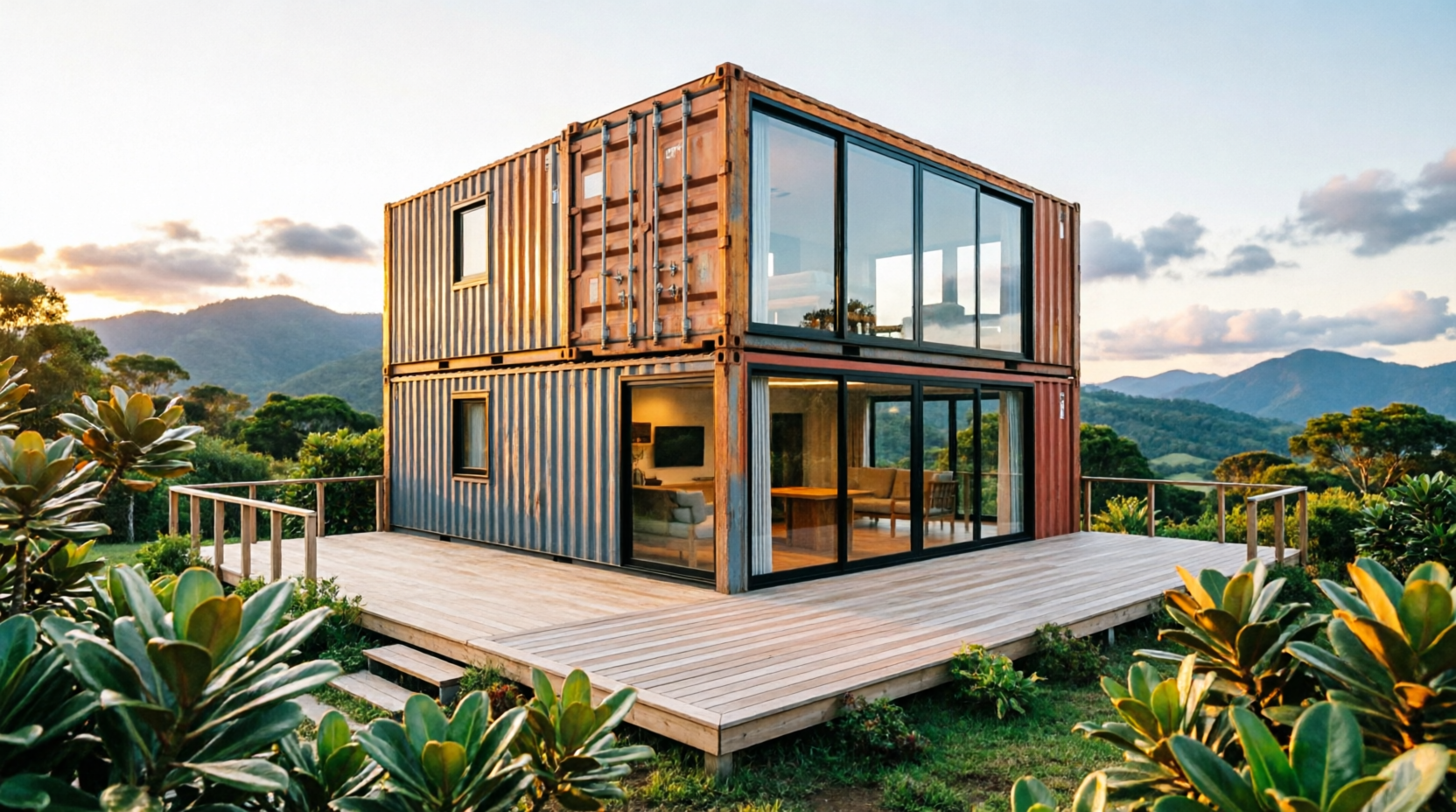 Casa container off-grid com painéis solares no telhado e estação de energia portátil em área rural