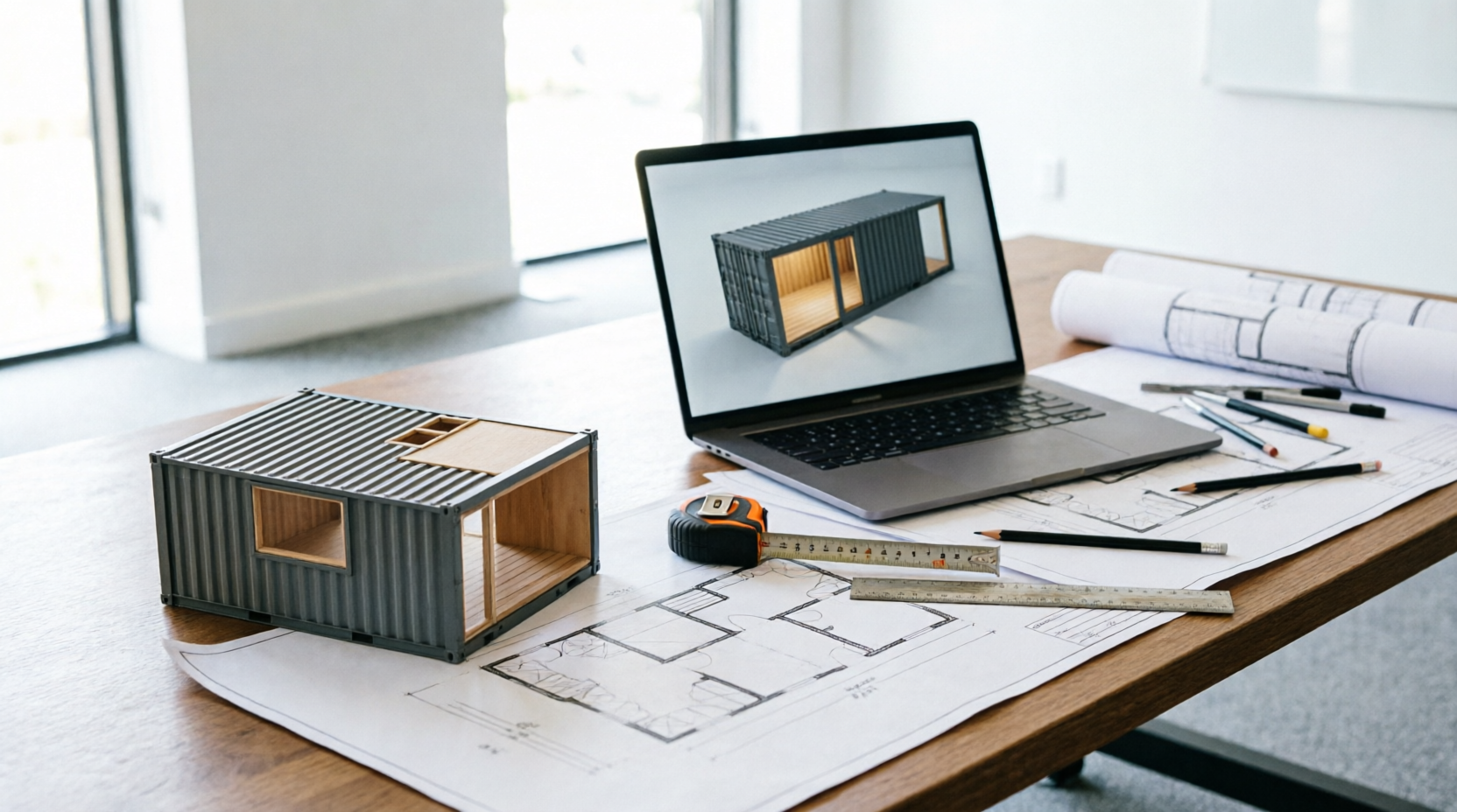 Mesa de arquiteto com plantas de casa container, maquete e projeto 3D no notebook