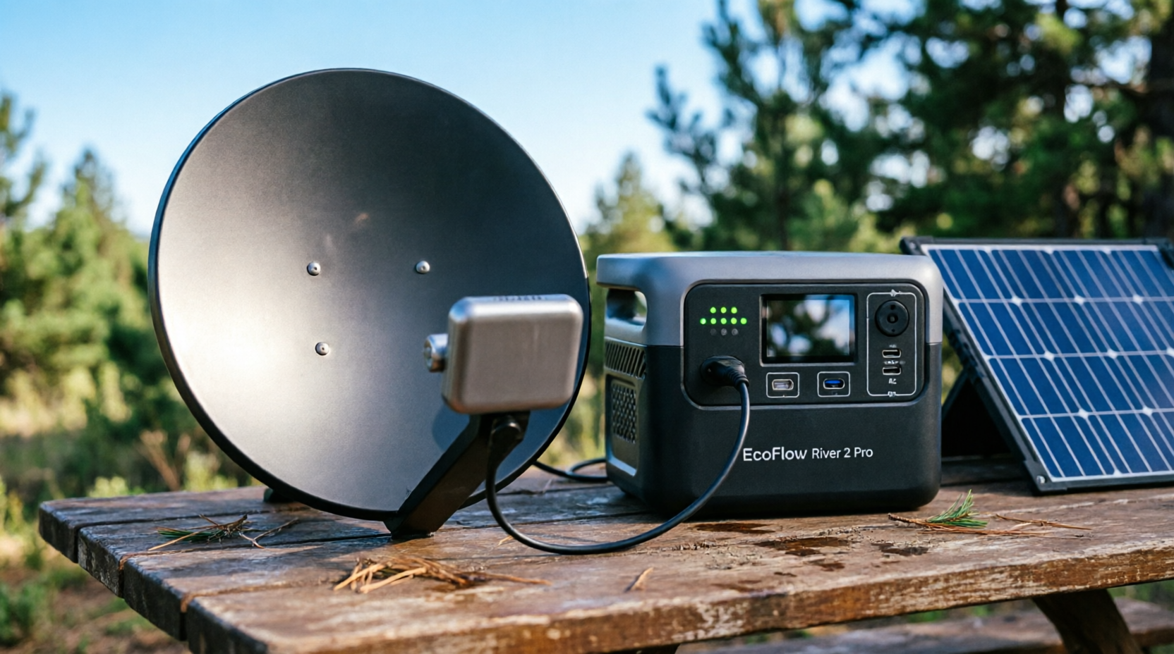Antena Starlink Mini conectada à estação de energia portátil EcoFlow River 2 Pro em mesa de madeira ao ar livre, com painel solar dobrável ao fundo