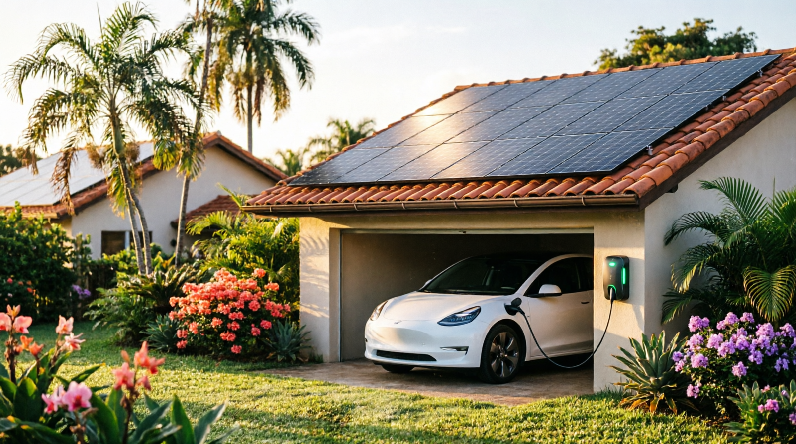 Casa brasileira com telhado coberto de painéis solares e carro elétrico branco carregando na garagem ao entardecer