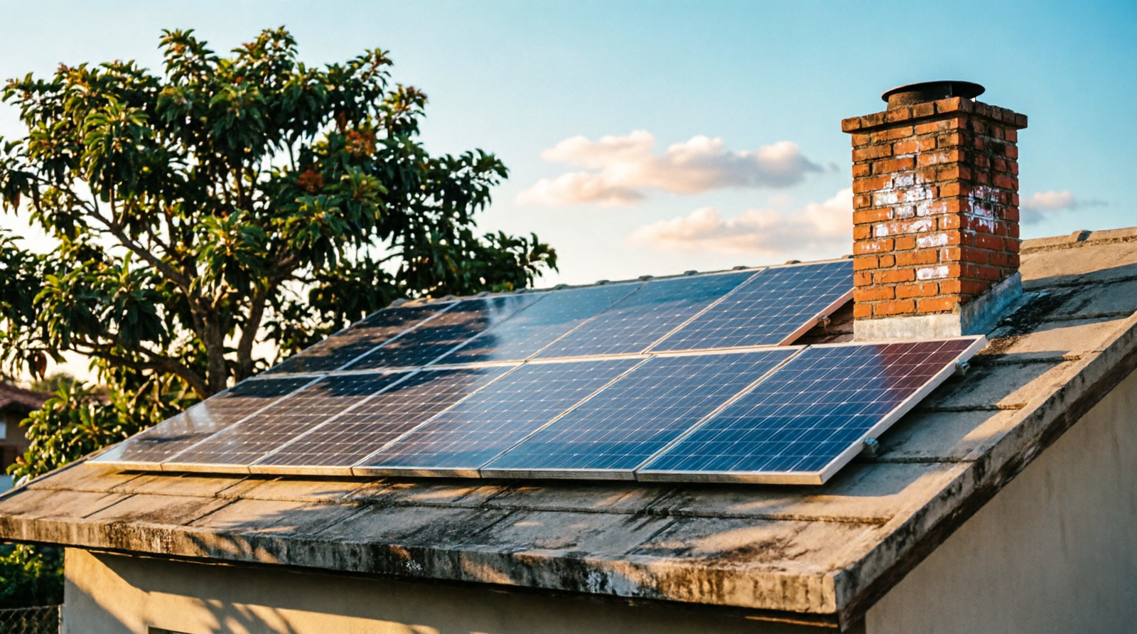 Telhado residencial com painéis solares parcialmente sombreados por árvore e chaminé no fim da tarde