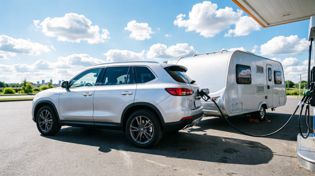 SUV prateado abastecendo no posto de gasolina com motorhome acoplado em dia ensolarado, ilustrando mobilidade e preparação para emergências climáticas
