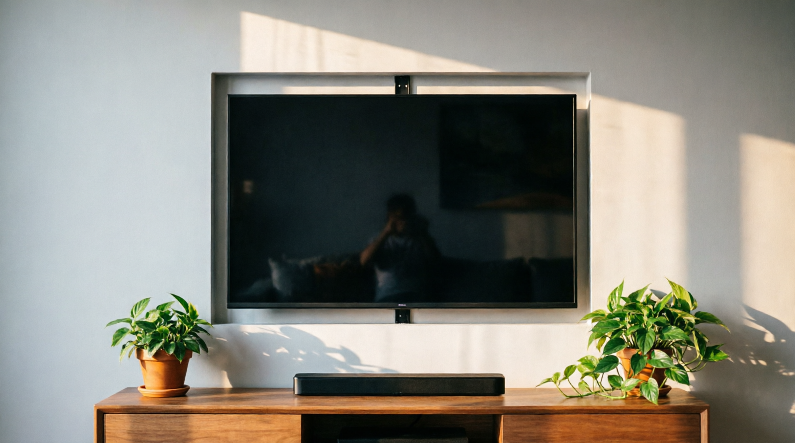 Suporte de TV fixo slim instalado na parede da sala com rack de madeira e plantas