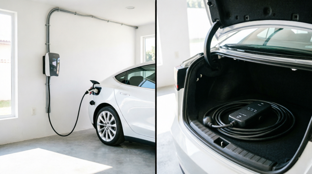 Comparativo entre carregador fixo de parede e carregador portátil de carro elétrico em garagem residencial