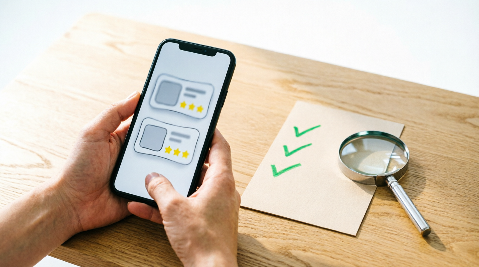 Mãos segurando celular com comparativo de produtos ao lado de checklist com vistos verdes e lupa sobre mesa de madeira