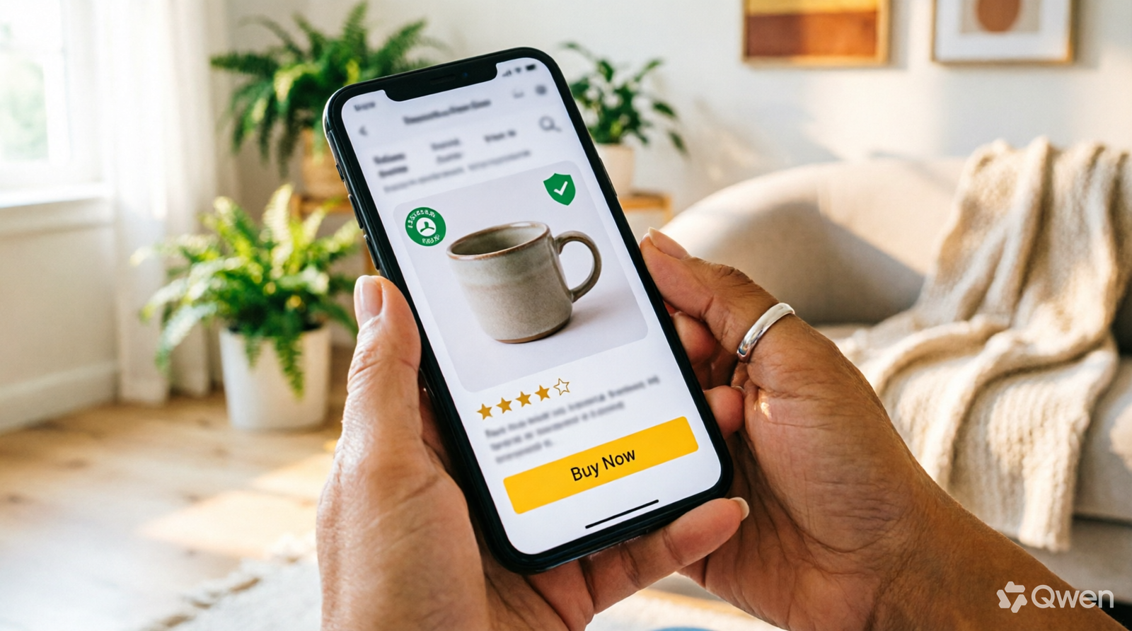 Celular mostrando anúncio com reputação verde do vendedor e selo de compra segura no marketplace