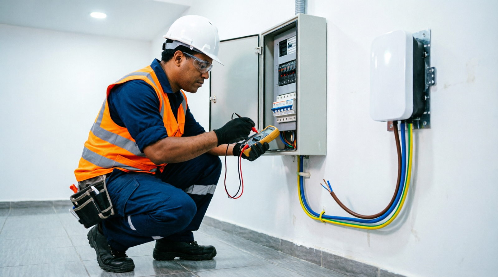 Eletricista com multímetro verificando quadro elétrico antes de instalar carregador fixo de carro elétrico
