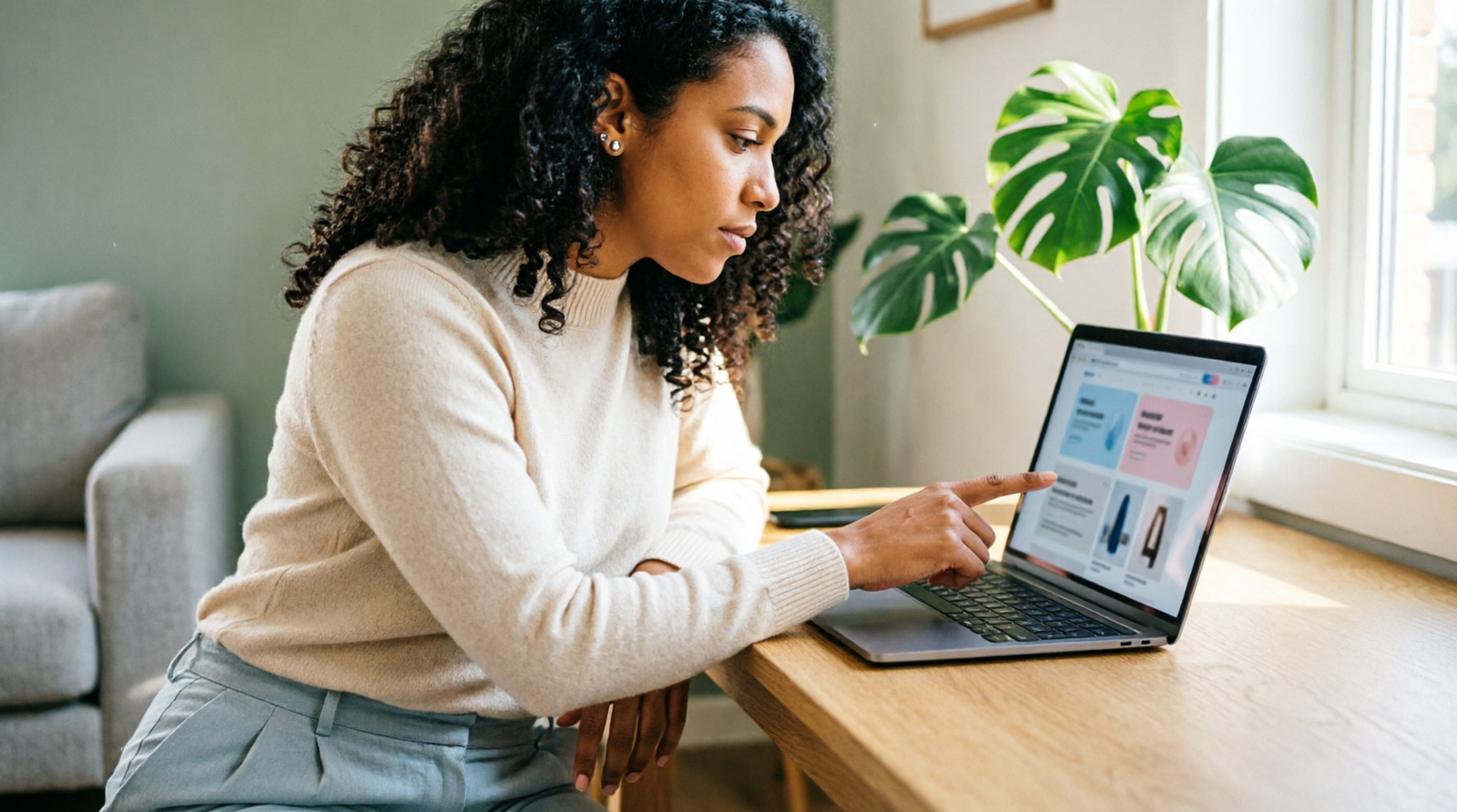 Mulher pesquisando avaliações e comparativos de produtos no notebook antes de comprar online em casa