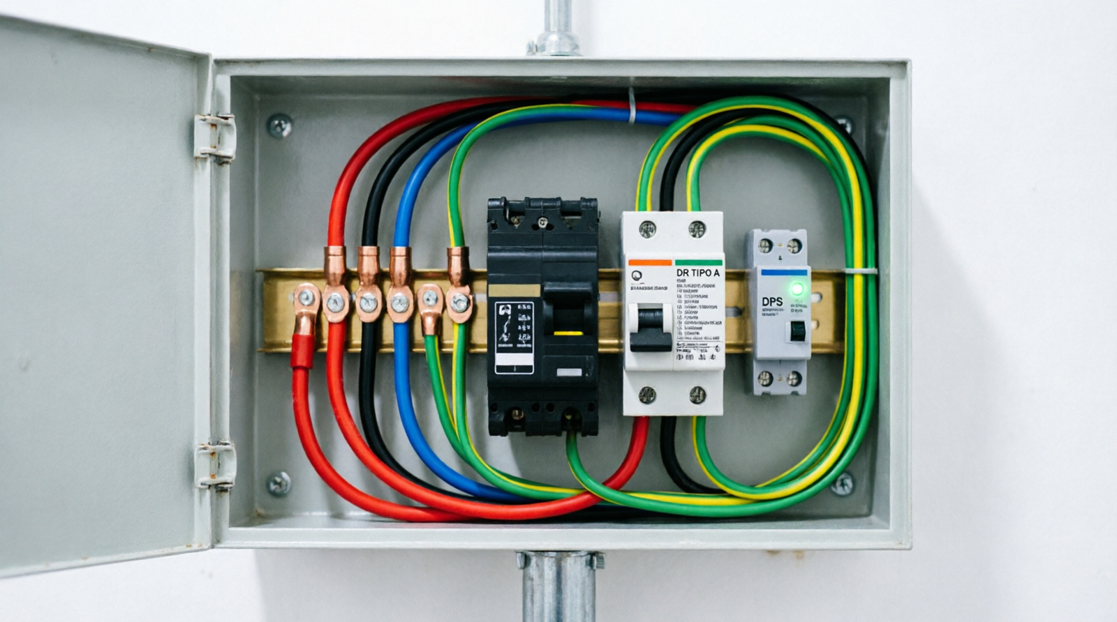 Quadro elétrico com disjuntor, DR tipo A e DPS dedicados ao carregador de carro elétrico