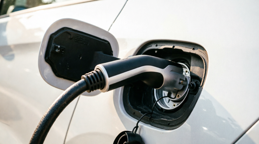 Adaptador de conector Tipo 2 para padrão GB/T sendo utilizado na porta de carga de um carro elétrico BYD