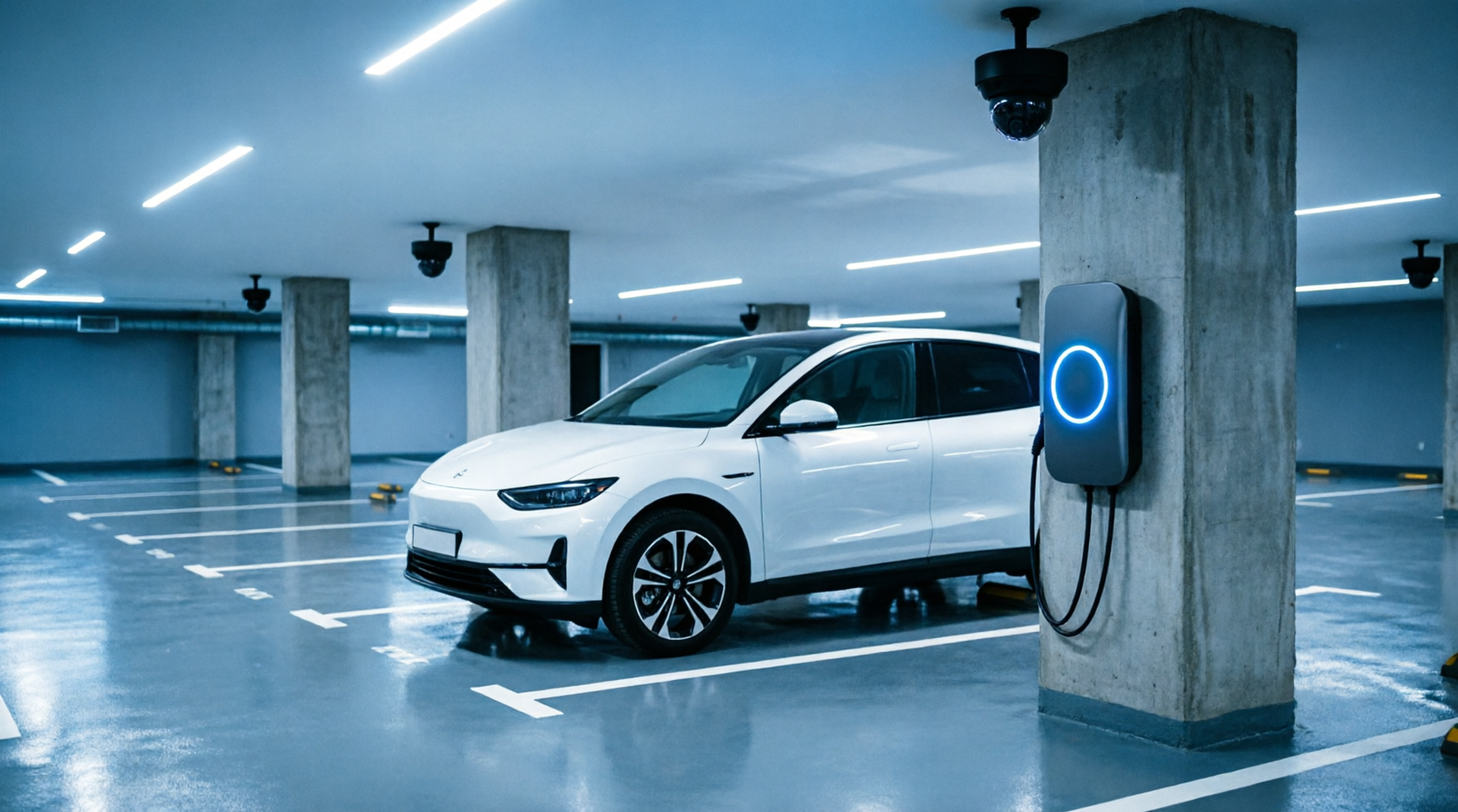 Carro elétrico branco carregando em wallbox com LED azul em garagem subterrânea moderna de condomínio brasileiro com piso epóxi e iluminação LED