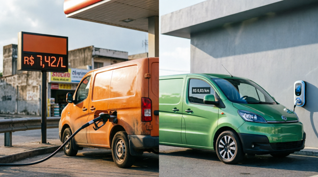 Comparativo (van laranja diesel × van verde elétrica)