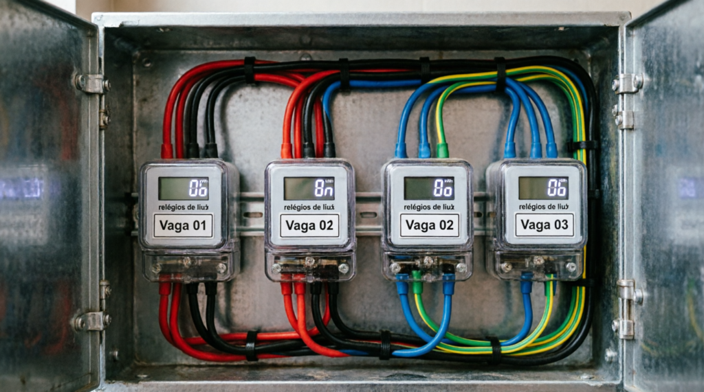 Quadro elétrico de submedição com quatro medidores individuais digitais etiquetados Vaga 01, Vaga 02, Vaga 03 para rateio de energia de carregadores de veículos elétricos em condomínio
